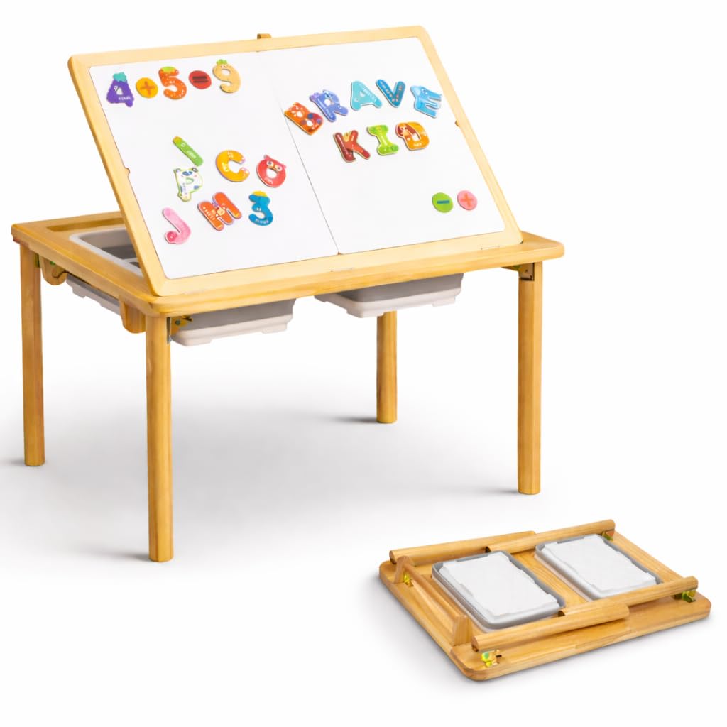 Mama Bear Educational Montessori Sensory Table & Art Easel for Kids & Toddlers | Folding Extendable Legs & Storage Bins, Magnetic Boards & Tiles, Light Box Included | Space-Saving Indoor/Outdoor Play