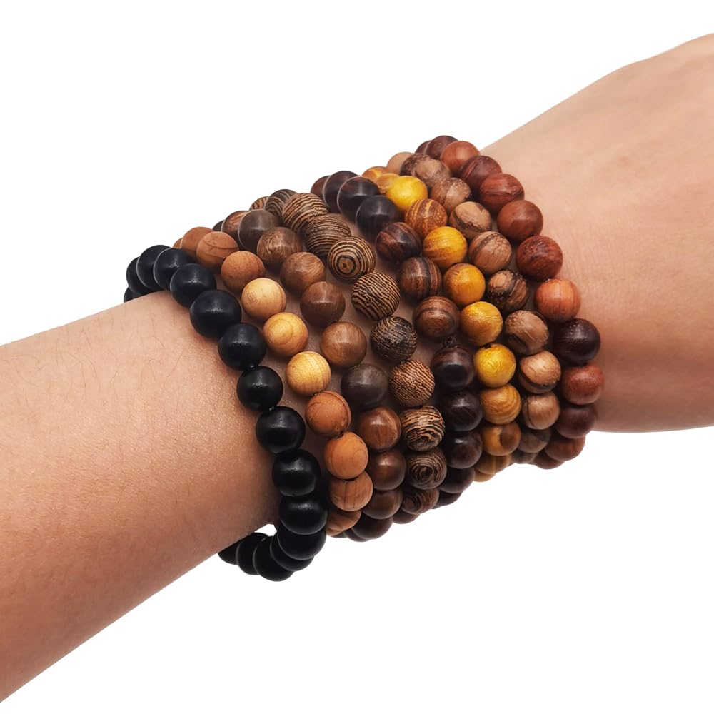 INSPIRELLE 8 Pieces Natural Wood Elastic Beaded Bracelet for Men and Women