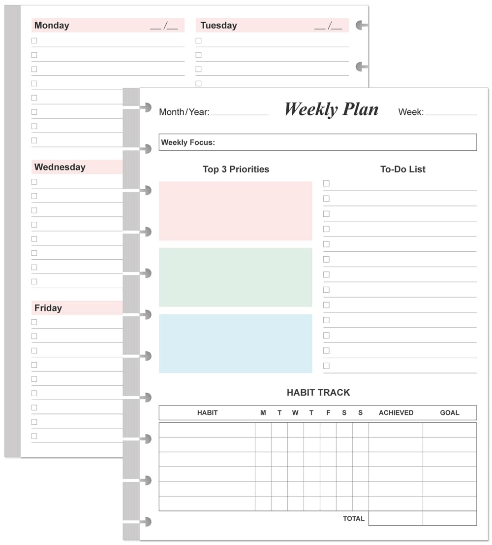 Weekly Planner Undated Refills - Letter Size 53 Sheets/106 Pages Colorful Weekly Planner for 11-Disc Discbound, TUL, 100 gsm White Paper, Lasts 1 Year, Undated, 8.5" x 11"