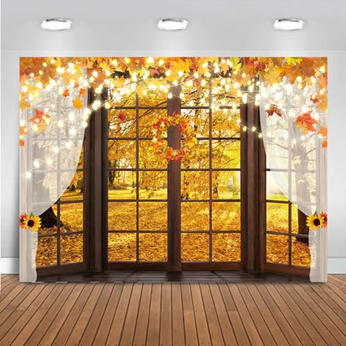 Hilioens 8x6ft Fall Windowsill Backdrops for Photography Autumn Forest Scenery Background for Photoshoot Maple Leaf Natural Scenery Banner Decoration Party Supplies Photo Studio Booth Props - size: 8x6ft