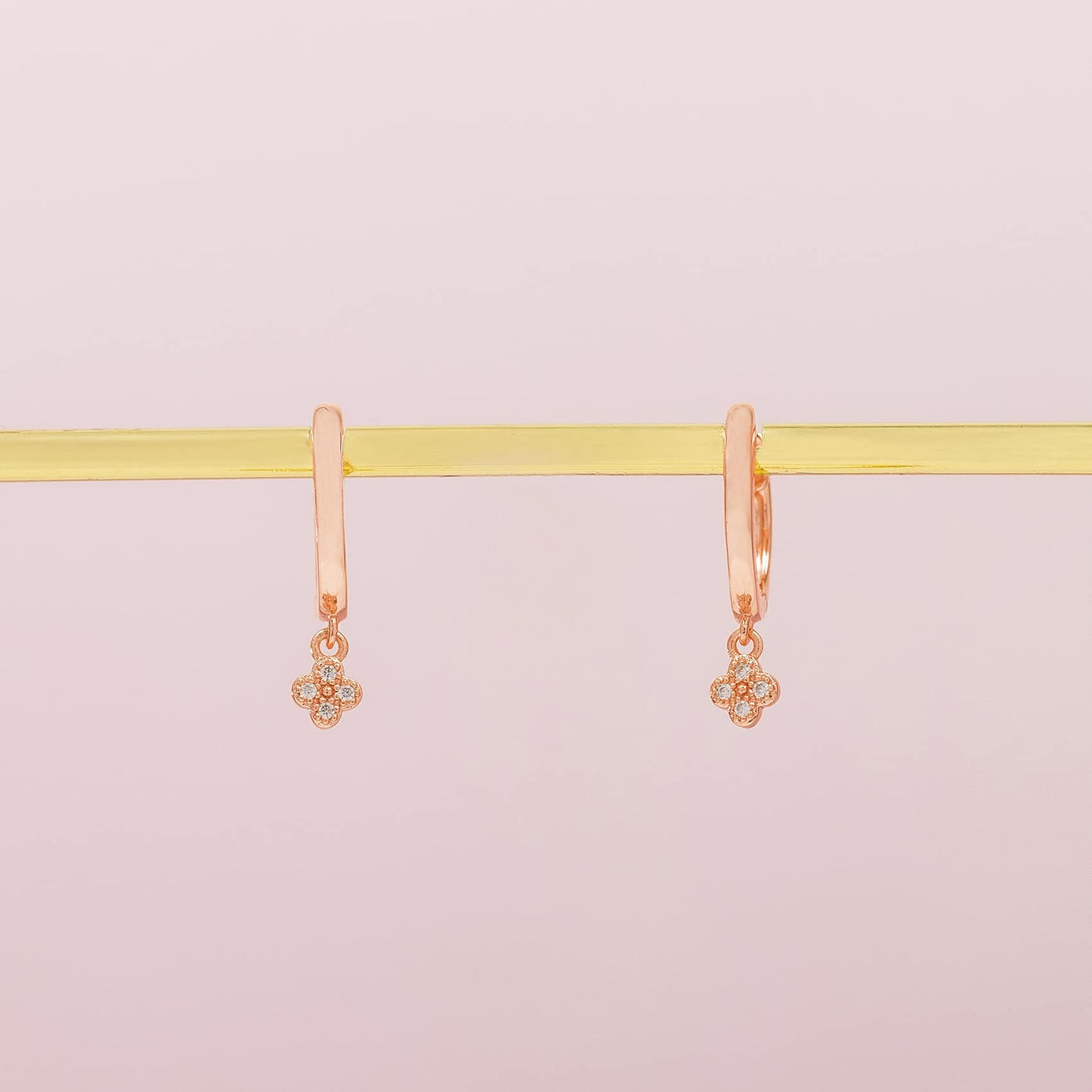 PAVOI 14K Rose Gold Plated 925 Sterling Silver Post Dangle Huggie Hoop Earrings For Women - Trendy Clover Drop Hoop Earrings - Cubic Zirconia Small Hinged Huggies