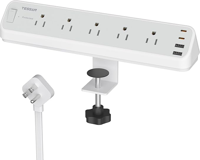 TESSAN Desk Clamp Power Strip 6 Ft, 2100J Surge Protector, 5 Outlets and 4 USB Ports (2 USB C), 1875W, 15A, Flat Plug Extension Cord with Multiple Outlets for Gaming Home Office Dorm Room
