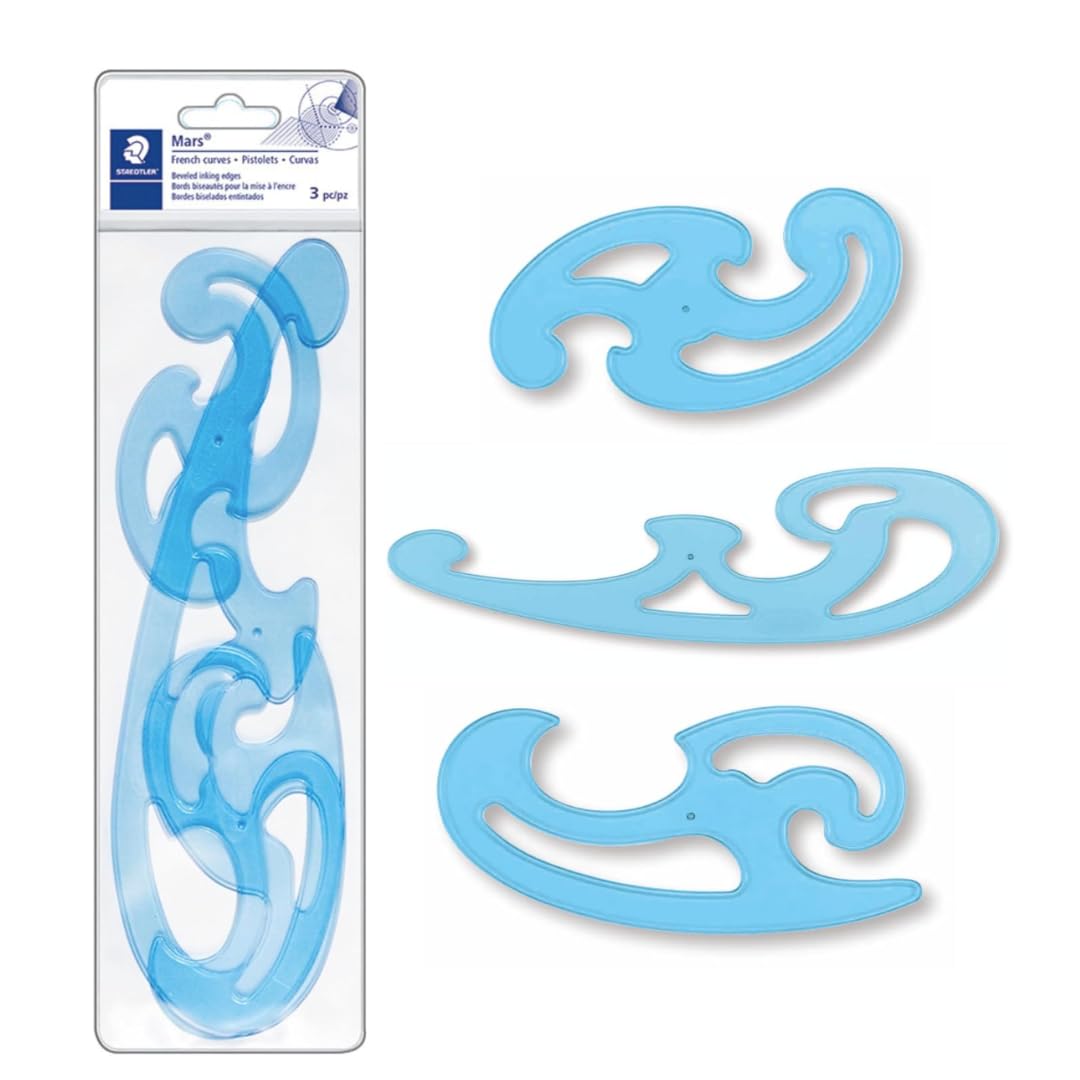 STAEDTLER Mars Professional French Curve Design Ruler Set for Pattern Making, 3 Essential A B C Shapes, Blue Transparent Plastic with Inking Edge