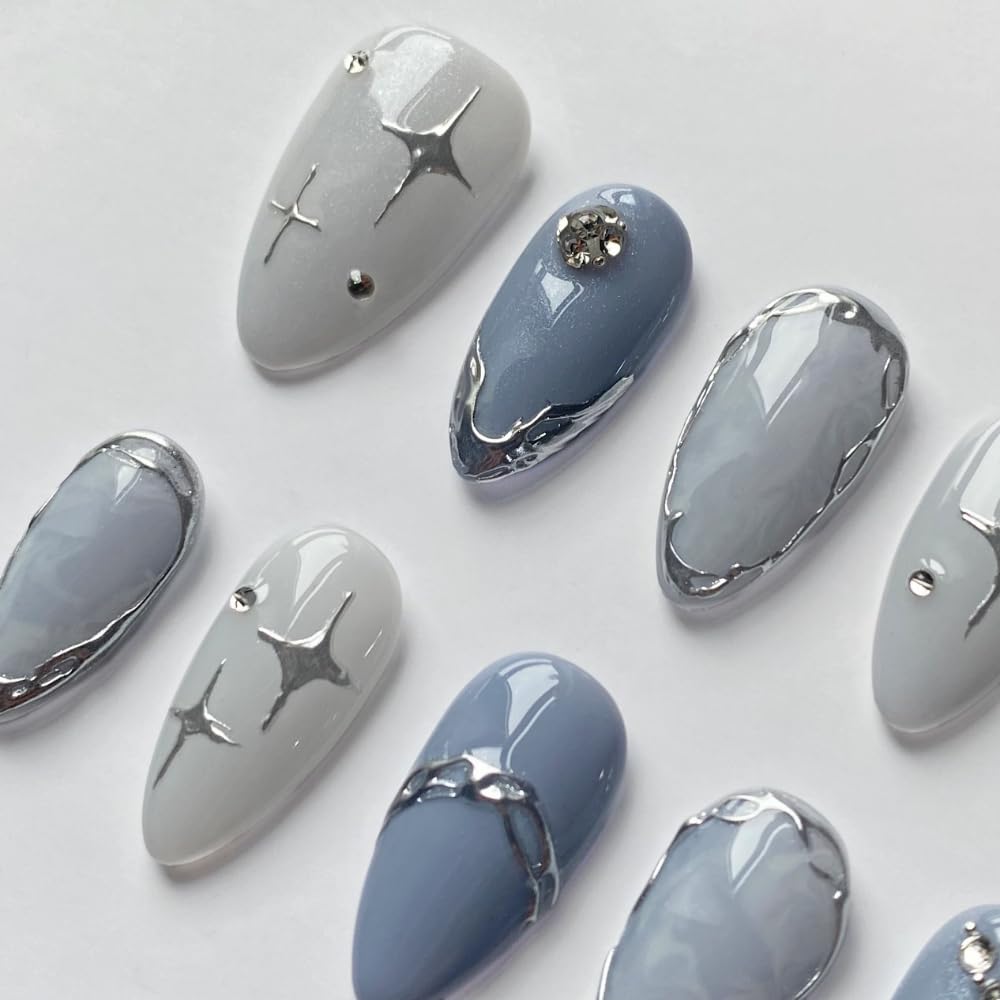 Press On Nails - Handmade 3D False Nails Short Medium Almond 10 Pcs Reusable ABS Material Finger Painting Nail Tip French Salon Design Artificial Fingernail for Women-M size