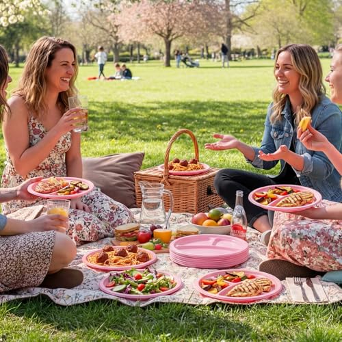 Umigy 100 Pcs 10 Inch 3 Compartments Divided Plastic Plates Bulk Colorful Disposable Heavy Duty Round Dinnerware for Party Valentine Wedding Birthday(Pink) - color: Pink