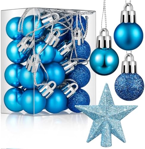 RoundFunny 25 Pcs Mini Christmas Balls Ornaments Set 0.79 Inch Christmas Day Ball Topper Star Tree Hanging Ornaments for Party Decoration(Lake Blue)