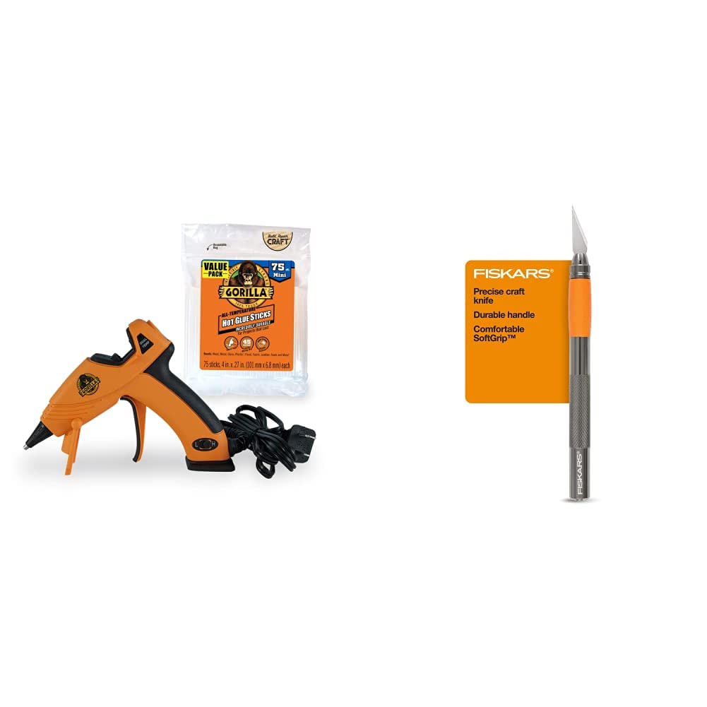 Gorilla Dual Temp Mini Hot Glue Gun Kit with 75 Hot Glue Sticks and Fiskars SoftGrip Detail Craft Knife - 8" Exacto Knife for Crafting