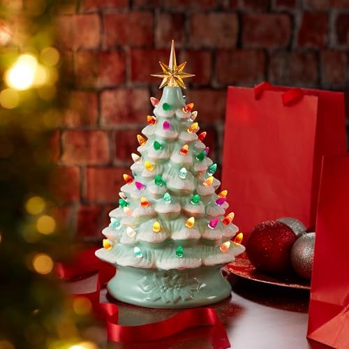 Casafield Hand Painted Ceramic Christmas Tree, Seafoam Green Snow Flocked 15-Inch Pre-Lit Tree with 128 Multi Color Lights and 2 Star Toppers