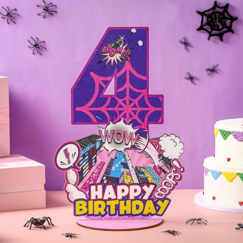 Baderke Pink Spider Theme Birthday Number Sign 16.7'' Purple Spider Birthday Centerpiece for Party Decor Wooden Table Photo Prop(4th) - style: 4th