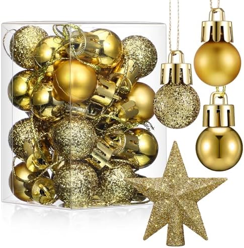 RoundFunny 25 Pcs Mini Christmas Balls Ornaments Set 0.79 Inch Christmas Day Ball Topper Star Tree Hanging Ornaments for Party Decoration(Gold)