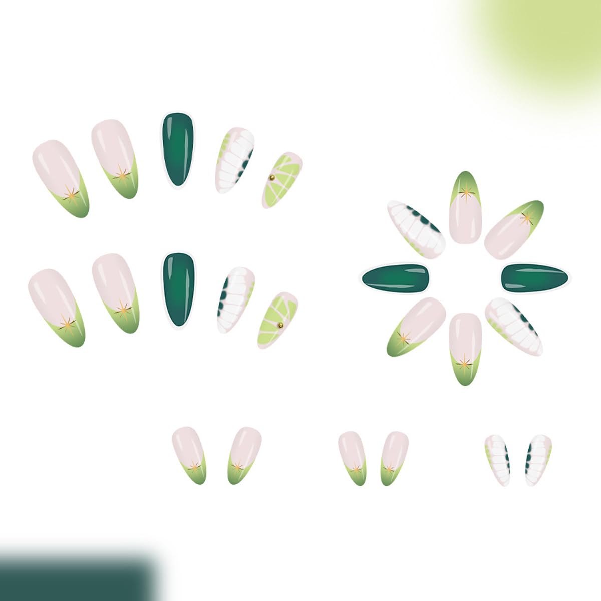 Spring Press on False Nails Green French Tip Fake Nails Medium Almond Glue on Nails with Marble, Gold Star Designs Glossy Press ons Stick on Nail for Women Manicure 24Pcs