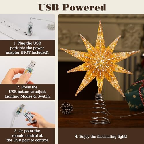 Lewondr Christmas Tree Topper Star, 13inch Xmas Tree Topper with LED Light Beads, Remote & USB Operated 10-Point Star Treetop for Home Christmas Decoration, 6H Timer & 8 Lighting Modes, Gold