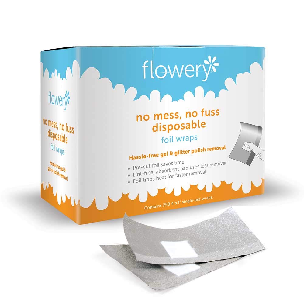 Flowery No Mess, No Fuss Disposable Foil Wraps, Pre-Cut Soak-Off, Gel, Glitter Nail Polish Remover, 250 Wraps Per Pack