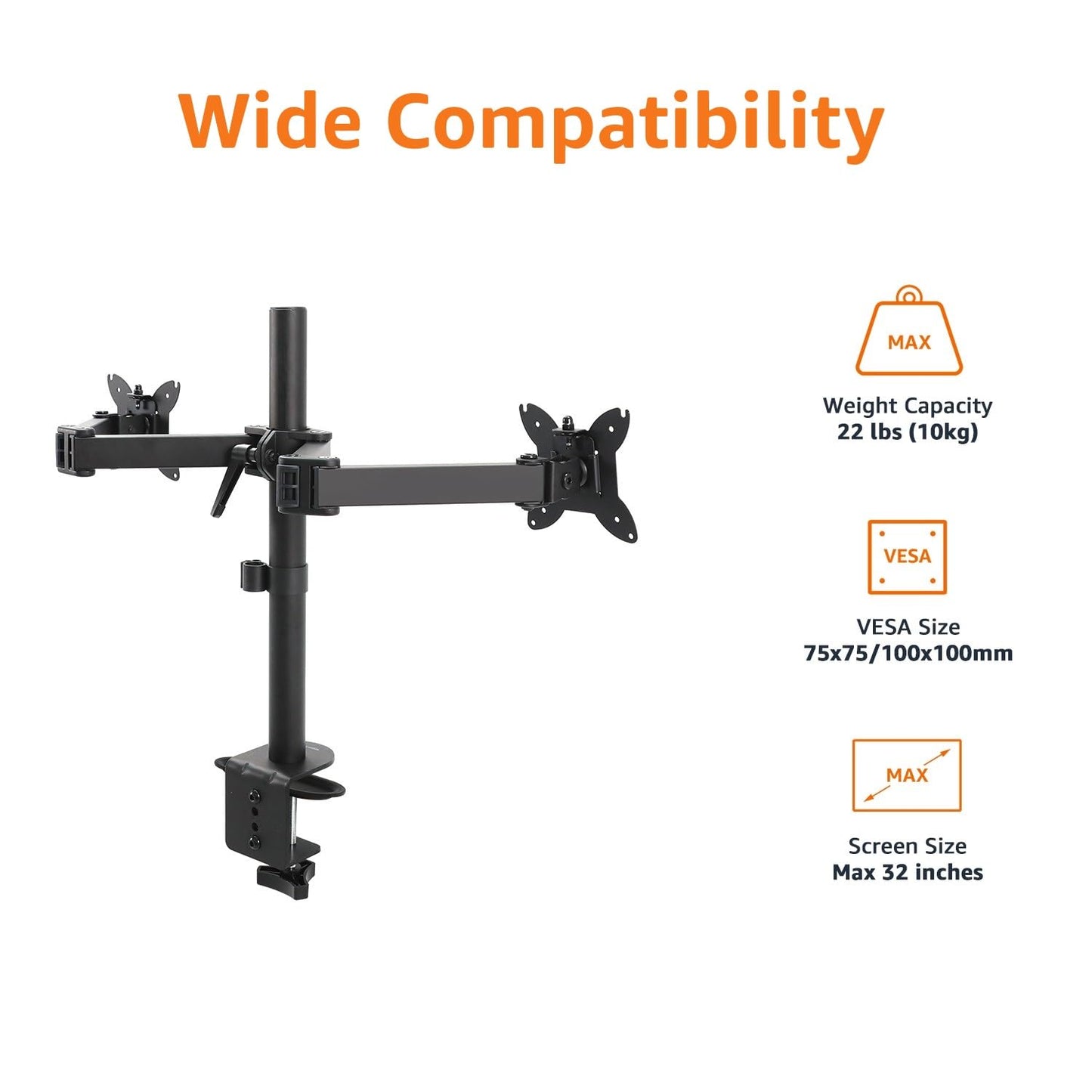 Amazon Basics Adjustable Dual Monitor Desk Mount, Holds up to 32" Monitors, Black