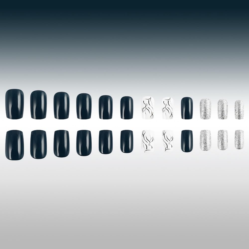 Medium Square Press On Nails Dark Blue Fake Nails Marbling With Glitter Design Full Cover Acrylic False Nails Artificial Glossy Glue On Nail Stick On Nail For Women Manicure 24pcs