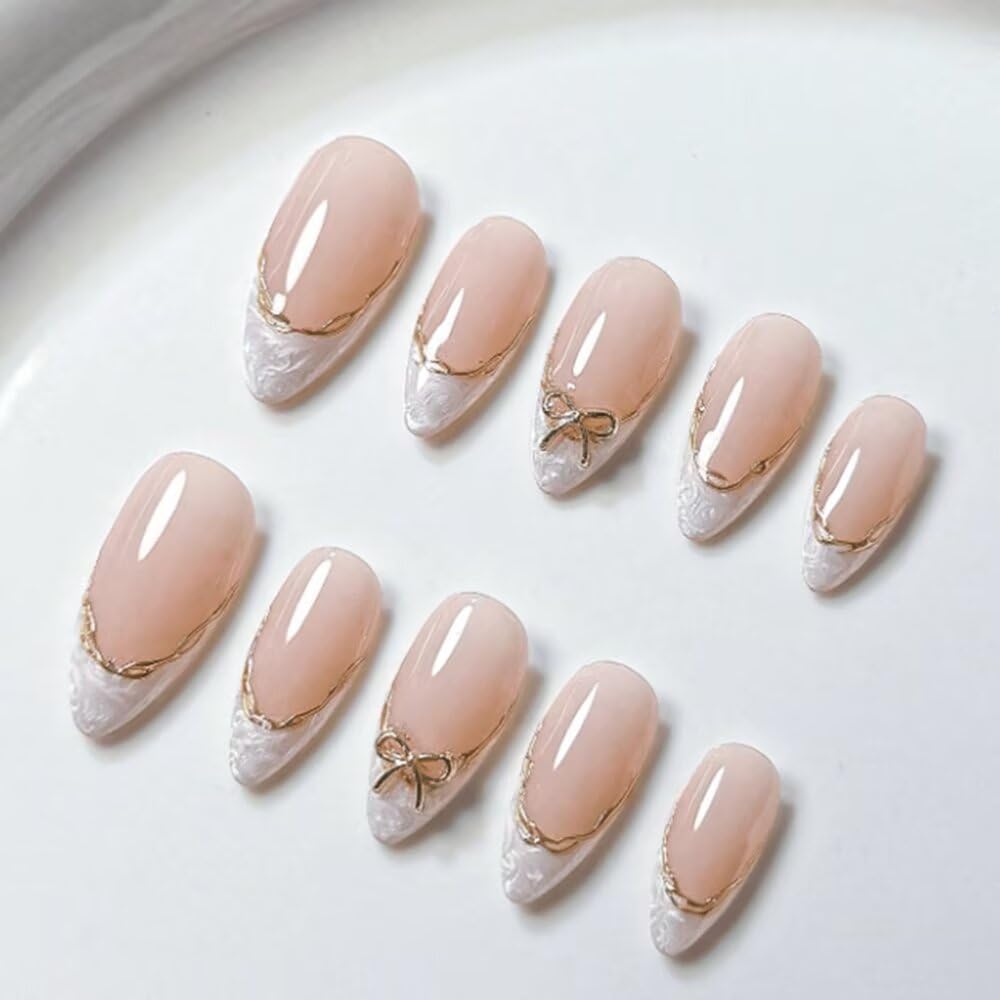 MAGLFELL Press On Nails Almond Shape Hnadmade Fake Nails, Acrylic Nails Cute Bow French Reusable Artificial Almond False Nails for Women (Size M)