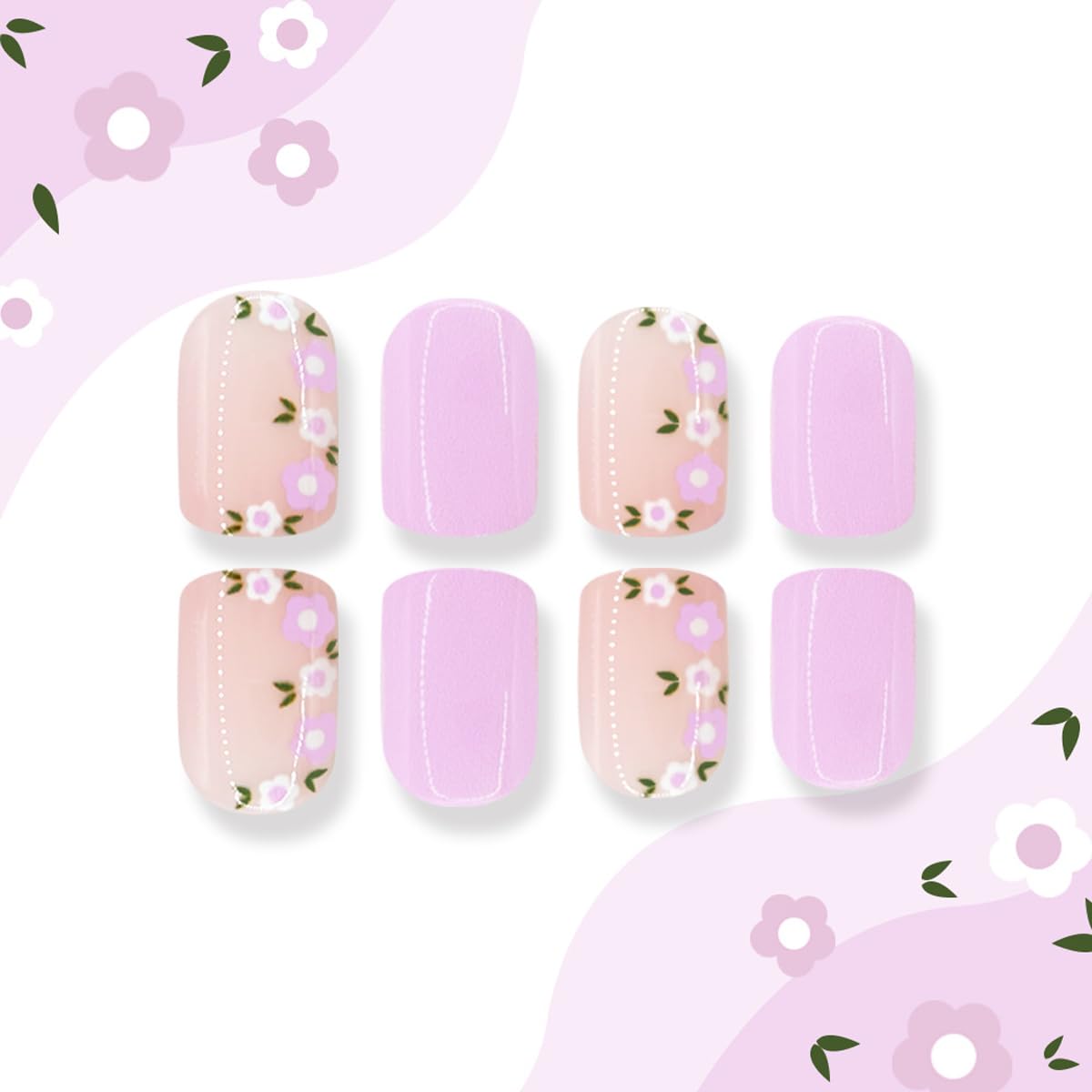 Spring Press on False Nails Purple Fake Nails Short Square Glue on Nails with Cute Flower Designs Glossy Nude Press ons Stick on Nail for Women Manicure 24Pcs