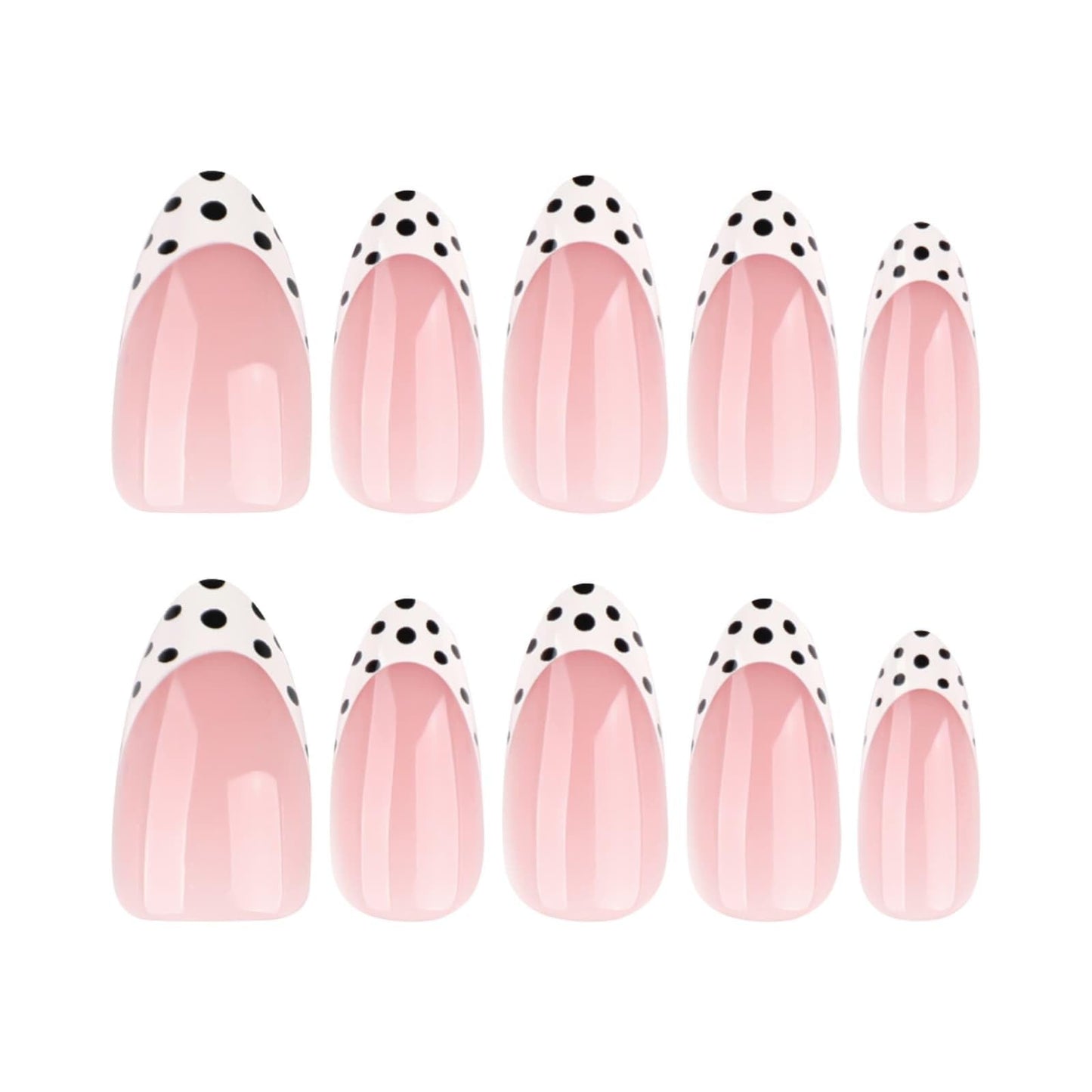 Polka Dot Press On Nails Medium Almond Fake Nails Nude Pink French Tips with Black & White Polka Dot Design Glossy Glue on Nails Reusable Artificial Nail Full Cover Sticker on Nails for Women 24 Pcs