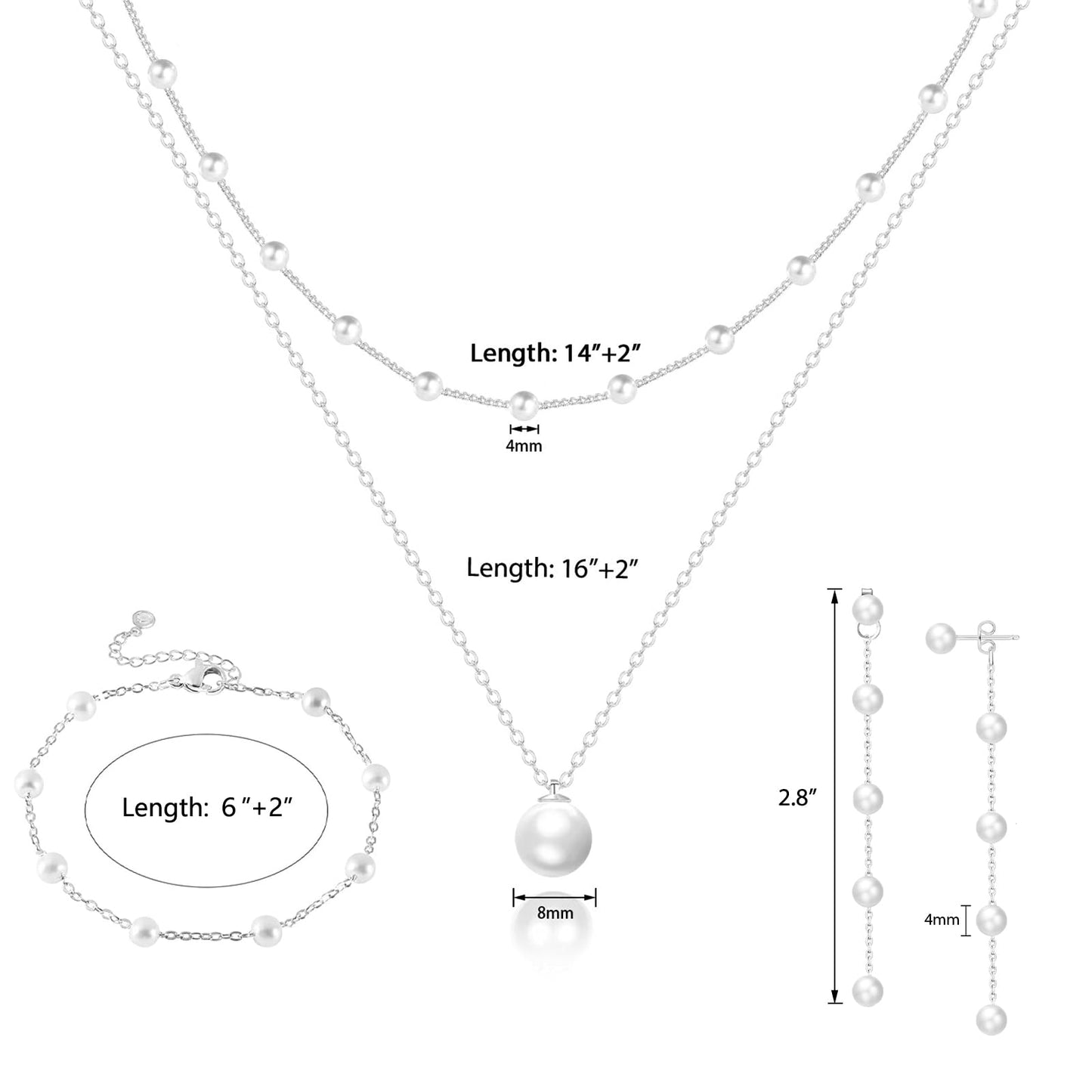 Zeffy Silver Jewelry Set for Women Dainty Pearl Necklace and Earring Set Pearls Drop Earrings Pearls Bracelets Wedding Pearl Jewelry Gift for Brides 4pcs