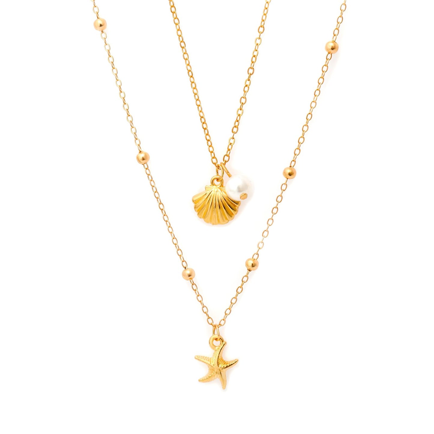 Starfish Shell Necklace for Women, 14K Gold Plated Layered Shell Starfish SeaShell Pearl Pendant Charm Beaded Necklace Stack Dainty Beach Ocean Beachy Necklaces for Women Summer Vacation Non Tarnish