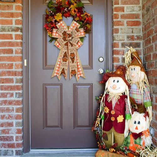 Large Fall Bows for Wreath, Thanksgiving Gnomes Pumpkin Wreath Bows Orange Buffalo Plaid Bows for Front Door, Farmhouse Ornament Burlap Tree Topper Bows for Fall Indoor Outdoor Decoration