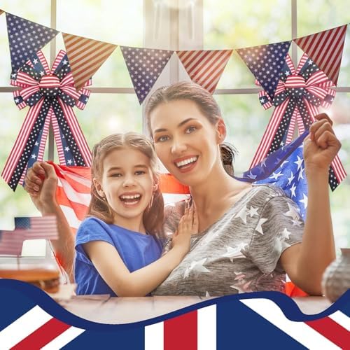 2 Pcs Patriotic 4th of July Lighted Wreath Bow Large Red White and Blue 250th Anniversary Burlap Tree Topper American Flag Star Independence Memorial Day Indoor Outdoor Decoration(Classic)