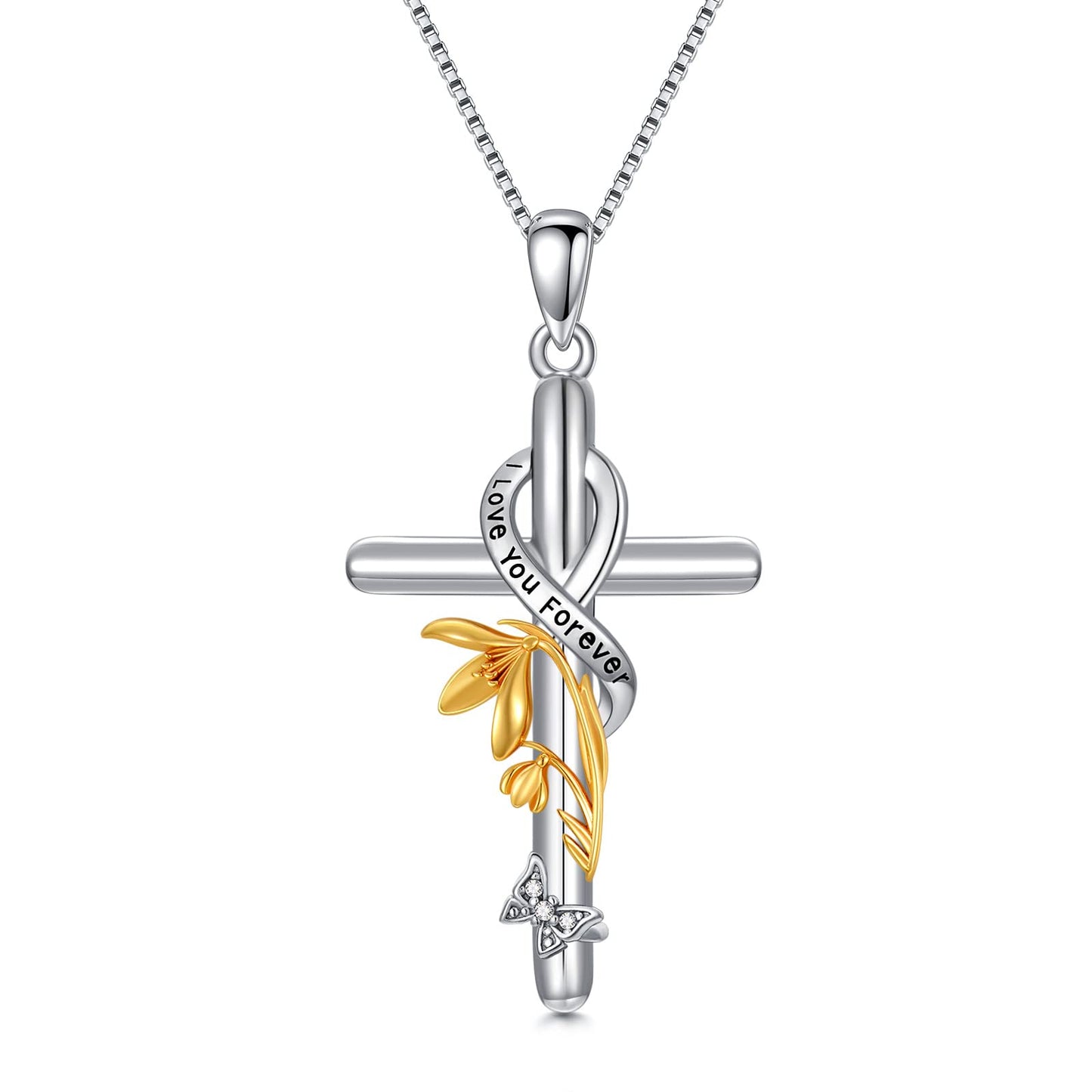 Flpruy Sterling Silver Birth Flower Necklace Birth Flower Cross Necklace Floral Pendant