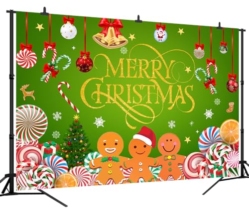 Gingerbread Merry Christmas Backdrop 7x5FT Green Peppermint Candy Cane Gingerbread Photography Background Christmas Candy Banner - color: Green/Red/Gold/Brown
