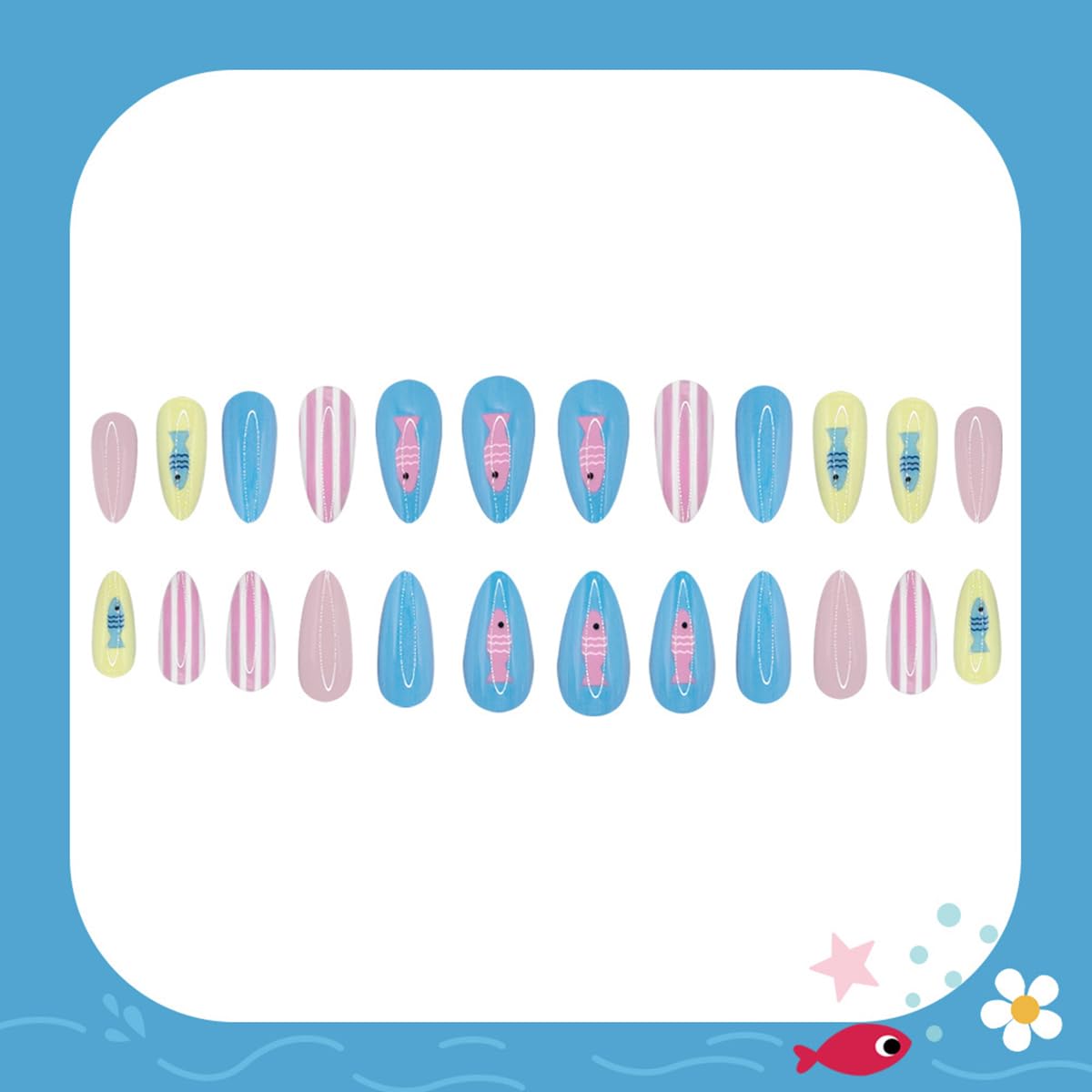 24 Pcs Summer Press on Nails Medium Almond WLGDLH Fake Nails, Blue Pink Yellow False Nails Press ons with Cute Ocean Fish Stripes Design, Glue on Nails for Women Manicure, Glossy Finish