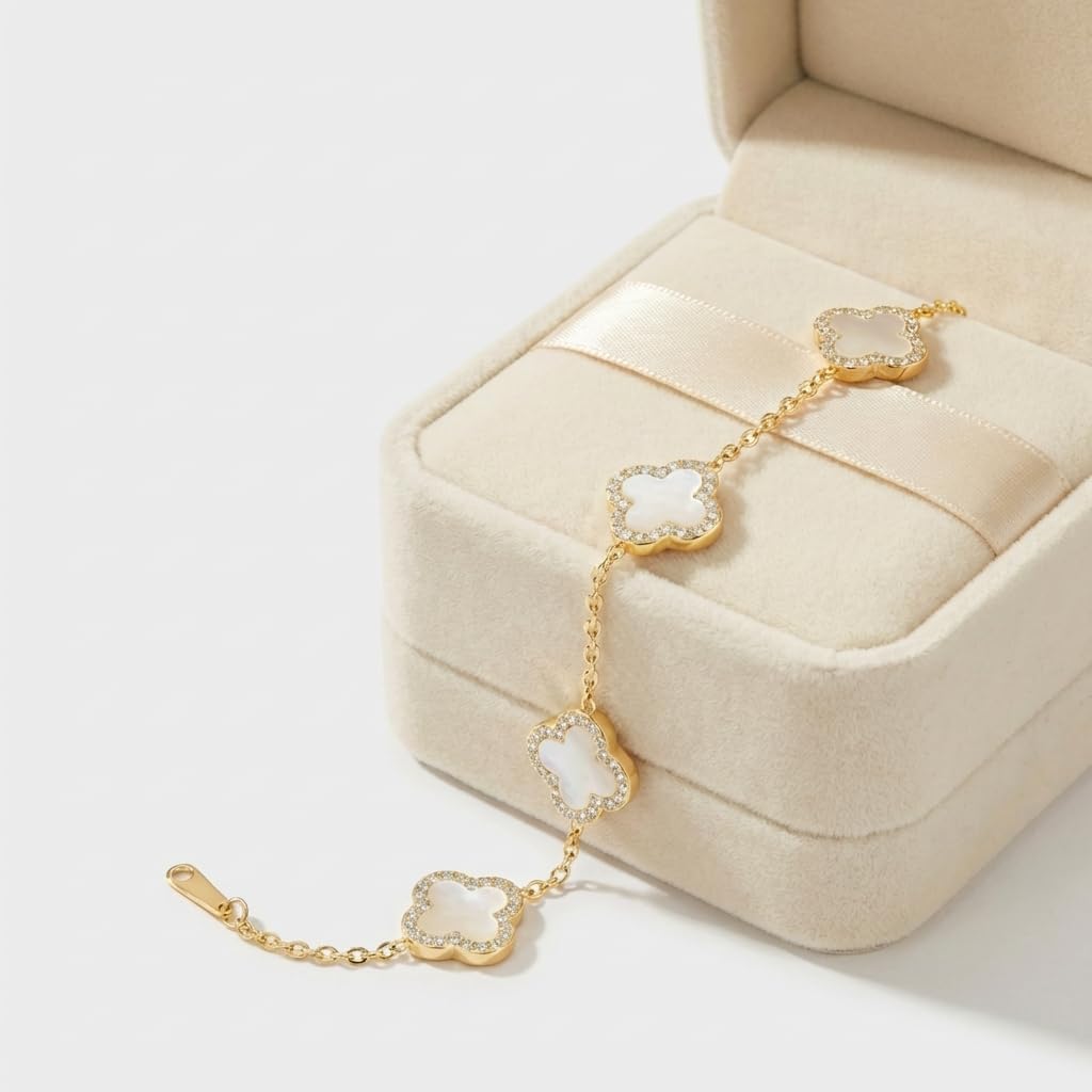 SHINYY Four Leaf Clover Bracelet for Women | 18K Gold Plated Cubic Zirconia Link Bracelet | 4 Leaf Lucky Jewelry Gift for Her (White Gold)