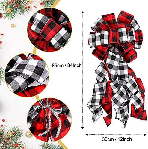 Syhood 13 Pcs Christmas Bow Tree Topper Set Red Black White Buffalo Plaid
