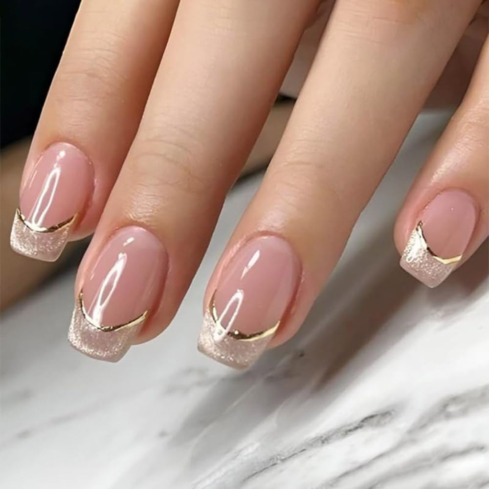 evpct French Tip Press On Nails Medium Squoval No Glue, Nude Pink Gold Line&Cat Eye Tips, Medium Squoval Fake False Press on Nails, Soft Stick on nail Press ons with Nail Kit, Reusable Salon-quality