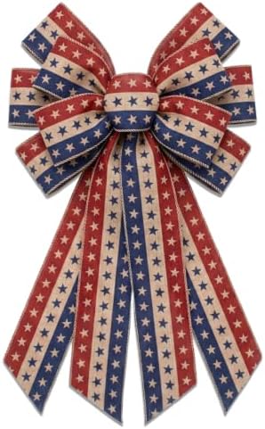 Large 4th of July Patriotic Wreath Bow USA 250th Anniversary Ribbon Bows for Wreaths, Stars and Stripes Tree Topper Bow Red White and Blue Decor Bows for Home Indoor Outdoor Wreath Ornament (Style A)