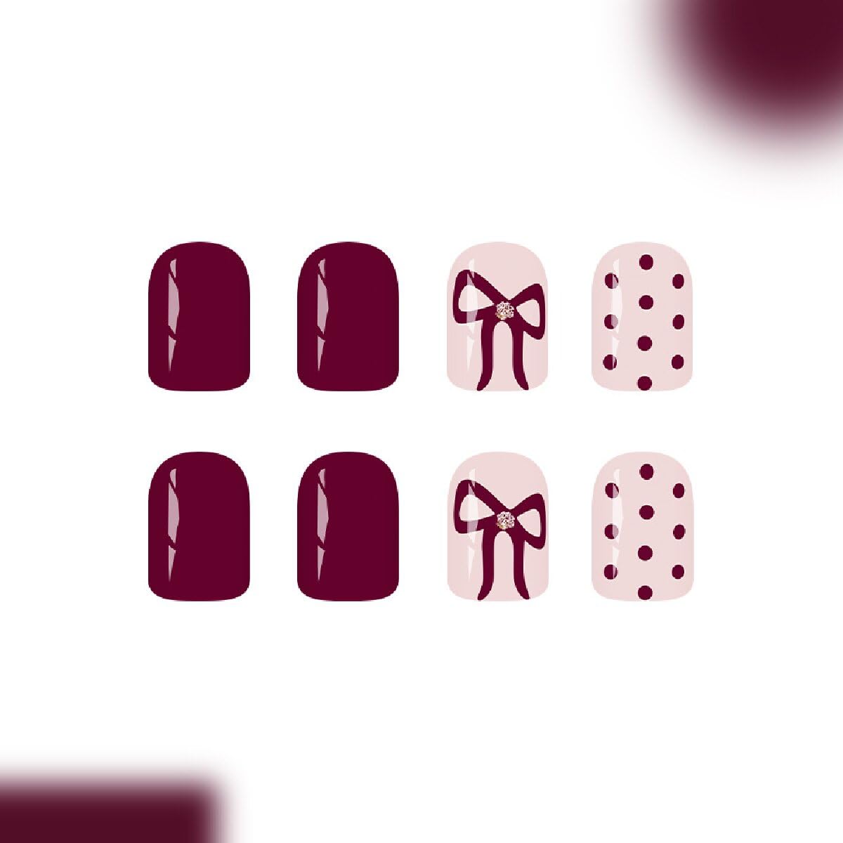Square Press on Nails Short Dark Red Glossy Fake Nails with Bow Spot Design Full Cover Winter Stick on False Nails for Women 24 Pcs