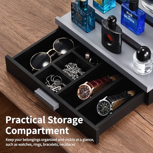 Perfume Organizer for Men, 3 Tier Wood Perfume Display Stand with Velvet Lining Drawer and Hidden Compartment for Watch,Jewelry,Perfume Display Risers,A Gift for Men (Black+Gray) - style: 3 Tier - BlackGrey