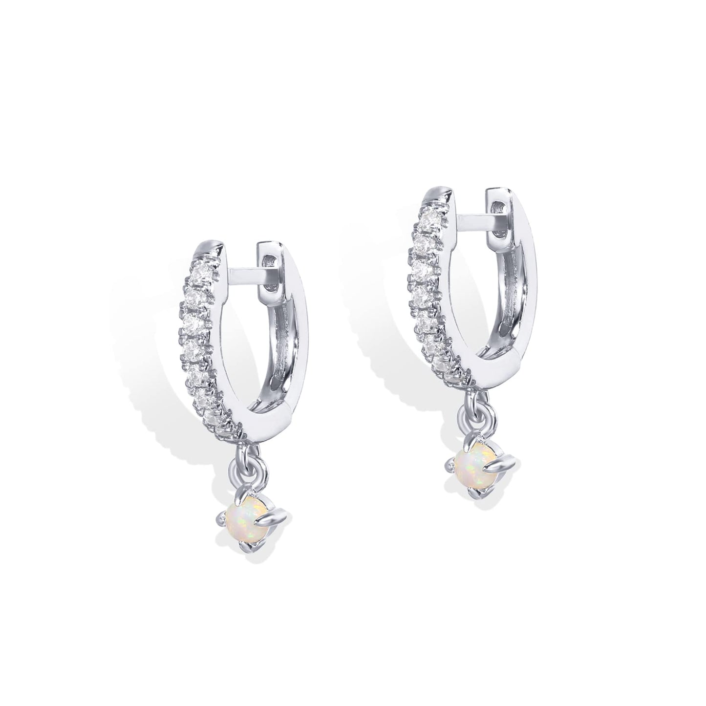 PAVOI Rhodiuum Plated 925 Sterling Silver Post Trendy Opal Stone Dangle Huggie Earrings for Women - Small Gold Hinged Gemstone Huggie Hoop Earrings