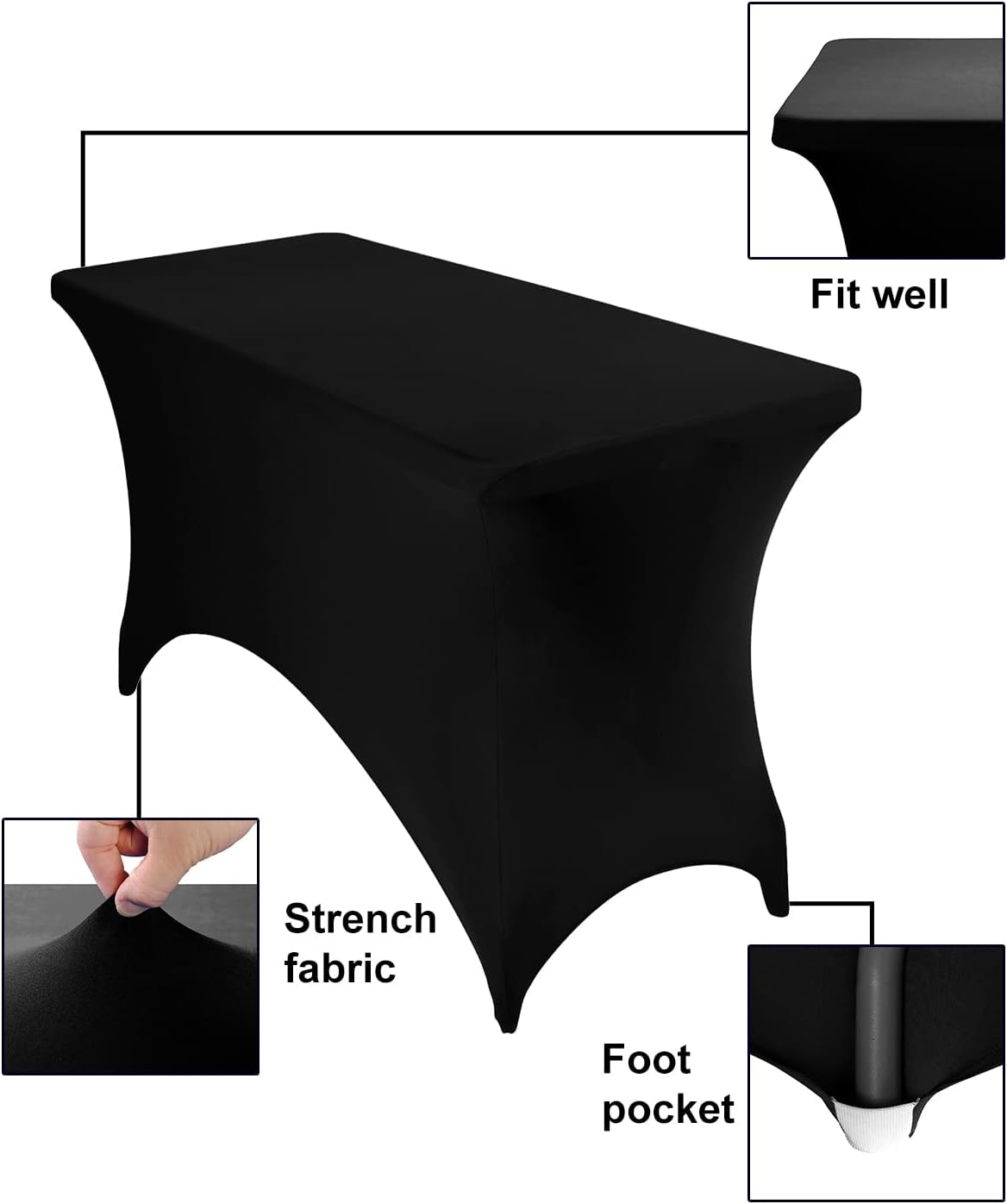 2Pack Spandex Waterproof Table Covers 4ft，Spandex 4ft Waterproof Table Cover for Party,Wedding, Banquet, and Events(Black)