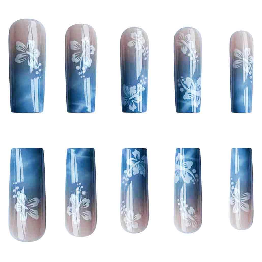 Foccna Square Blue Press on Nails Long,Fake Nails Acrylic False Nails Flower Design,Artificial Blue Nails for Women and Girls, 24 pcs