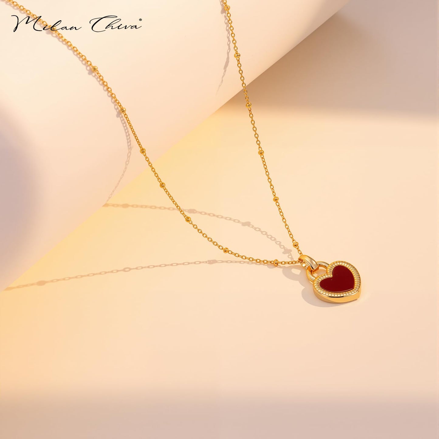 Milan Chiva Womens Heart Pendant Gold Necklace 14K Double Side Dainty Shell Statement Chain Jewelry MNS-1030WRD
