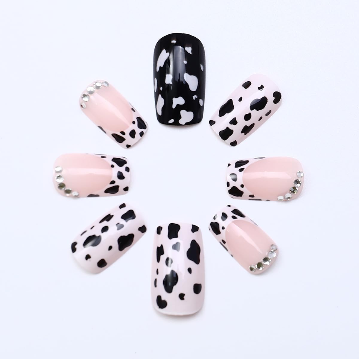 24Pcs Short Square Press on Nails Cow French Tip Fake Nails with Glitter Rhinestones Design Black White False Nails Full Cover Cute Glue on Nails Leopard Acrylic Nails Glossy Stick on Nails for Women