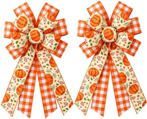 Fall Pumpkin Bow 2 Pack, 20.8 x 11.42 Inch Thanksgiving Wreath Bows with Orange Buffalo Plaid Ribbon, Large Harvest Farmhouse Door Bows for Front Door, Wall, Window, Garland, Autumn Home Decor
