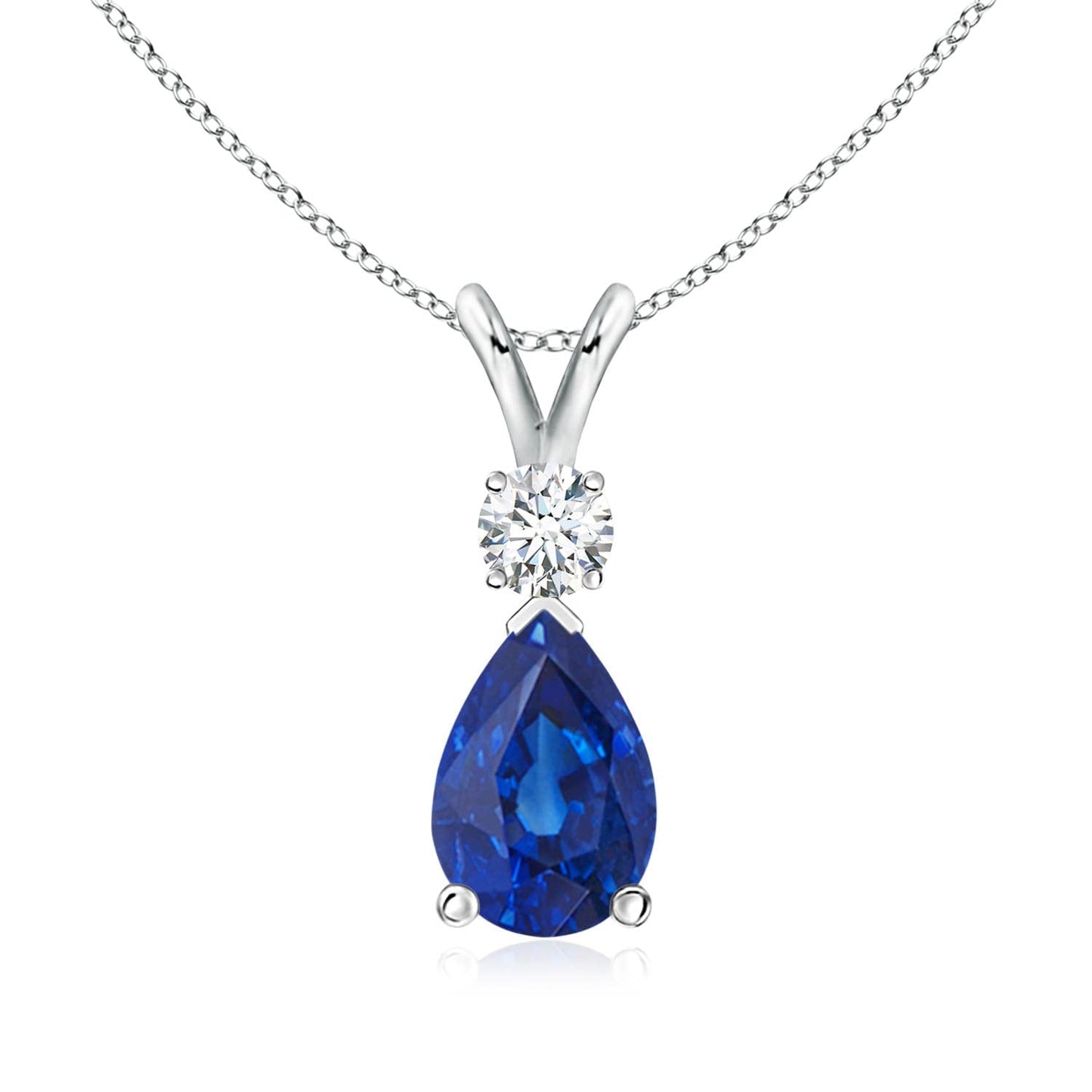 Angara Natural Blue Sapphire Solitaire Pendant for Women | Prong-Set Blue Sapphire Teardrop V-Bale Pendant with Diamond in White Gold | September Birthday, Gemstone Jewelry Gift | AAA | 6x4mm