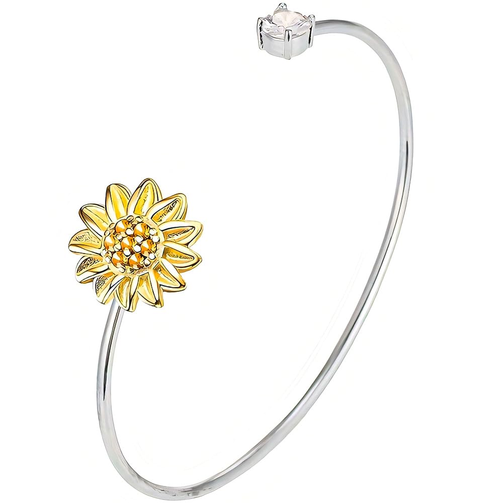 Baoaichi Handmade 925 Sterling Silver Sunflower Bangle Bracelet For Women Adjustable Cuff Bangle Stylish Cubic Zirconia Bangle Simple Thin Bracelet Daily Jewelry for Friendship Gift