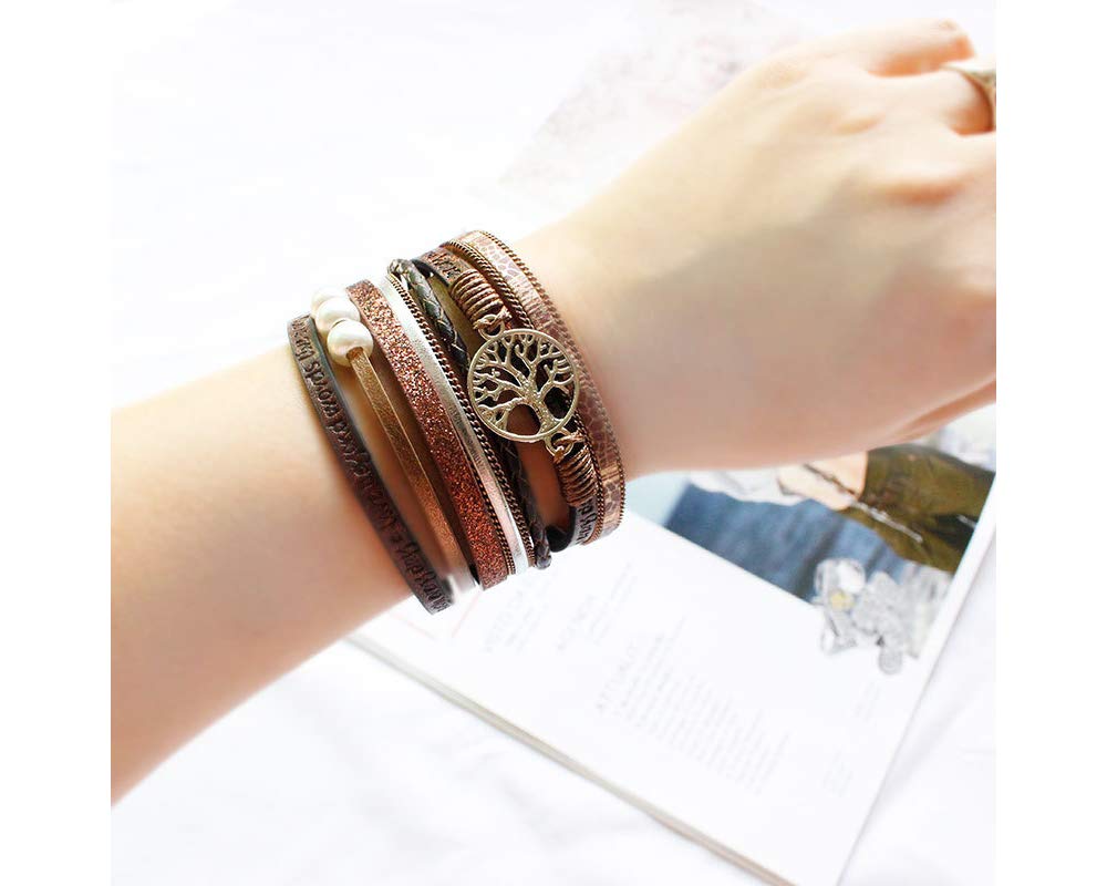 Fesciory Leopard Bracelet for Women, Boho Leather Wrap Multi-Layer Pearl Crystal Bracelet Bangle Jewelry(Tree of Life(Brown))