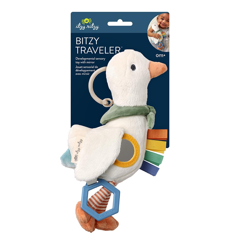 Itzy Ritzy Bitzy Traveler Car Seat & Stroller Toy for Babies – Developmental Sensory Toy Features Crinkle & Rattle Sounds & Multiple Textures – Hanging Travel Buddy for On-the-Go Entertainment (Goose)