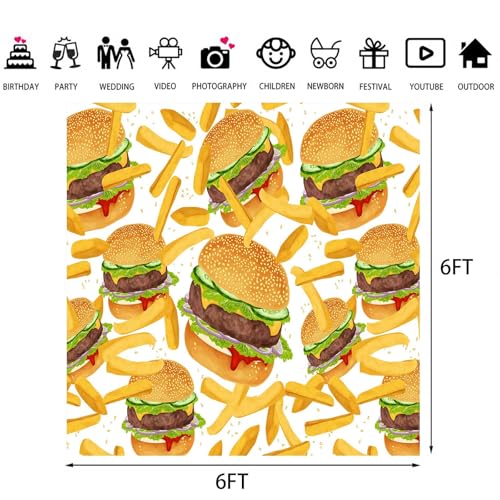 Hamburger French Fries Backdrop, 6x6ft, Fast Food Photograhy Background Birthday Party Supplies Burger Shop Decoration Banner Photo Booth Props BJOKPR0922 - size: 6x6