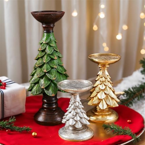 Resin Decorative Stand with Christmas Tree Pedestal, Distressed Finish Round Tray Accent for Holiday Home Decor Holiday Holder Christmas Tree Stand Resin Mantel Decor Table Centerpiece Vintage