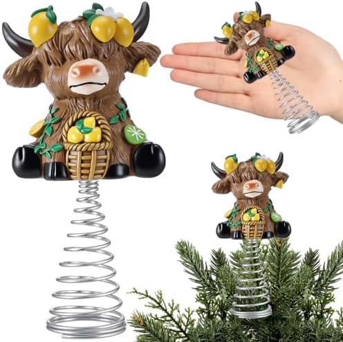Gejoy Summer Lemon Highland Cow Miniature Tree Topper, 5.1 Inch Mini Resin Cow Treetop Decorations & Metal Spring Base, Cute Calf Lover Gifts for Farmhouse Home Kitchen Holiday Tiered Tray Desk Decor