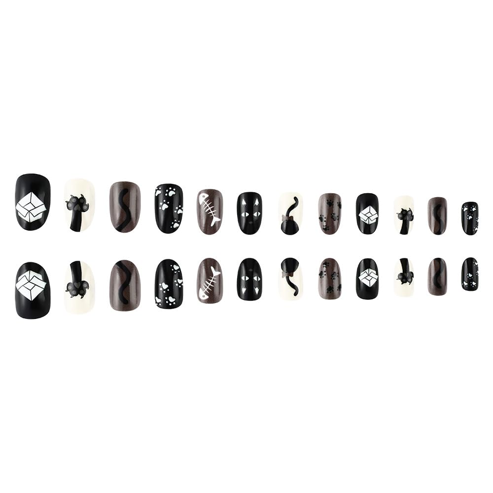 Halloween Press on Nails Short Oval Fake Nails Balck Cat Acrylic Nails with Designs Stray Cat Glue on Nails Short Almond False Nails Stick on Nails for Women Nails Deco 24Pcs