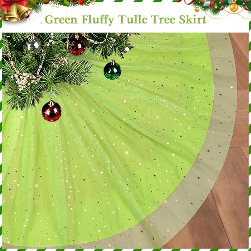 Green Tree Skirt 48'', Fluffy 3-Layer Tulle Tree Rug with Gold Star Sequins